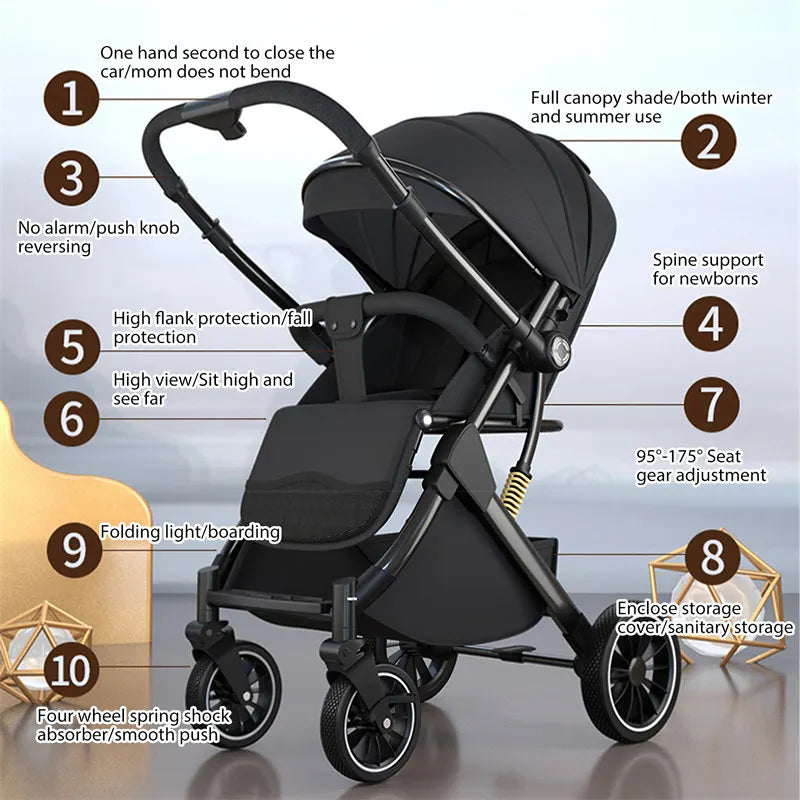 Luxury Baby Stroller Portable Travel Baby Carriage Folding Prams High Landscape Aluminum Frame Car Quick Fold for Newborn Baby
